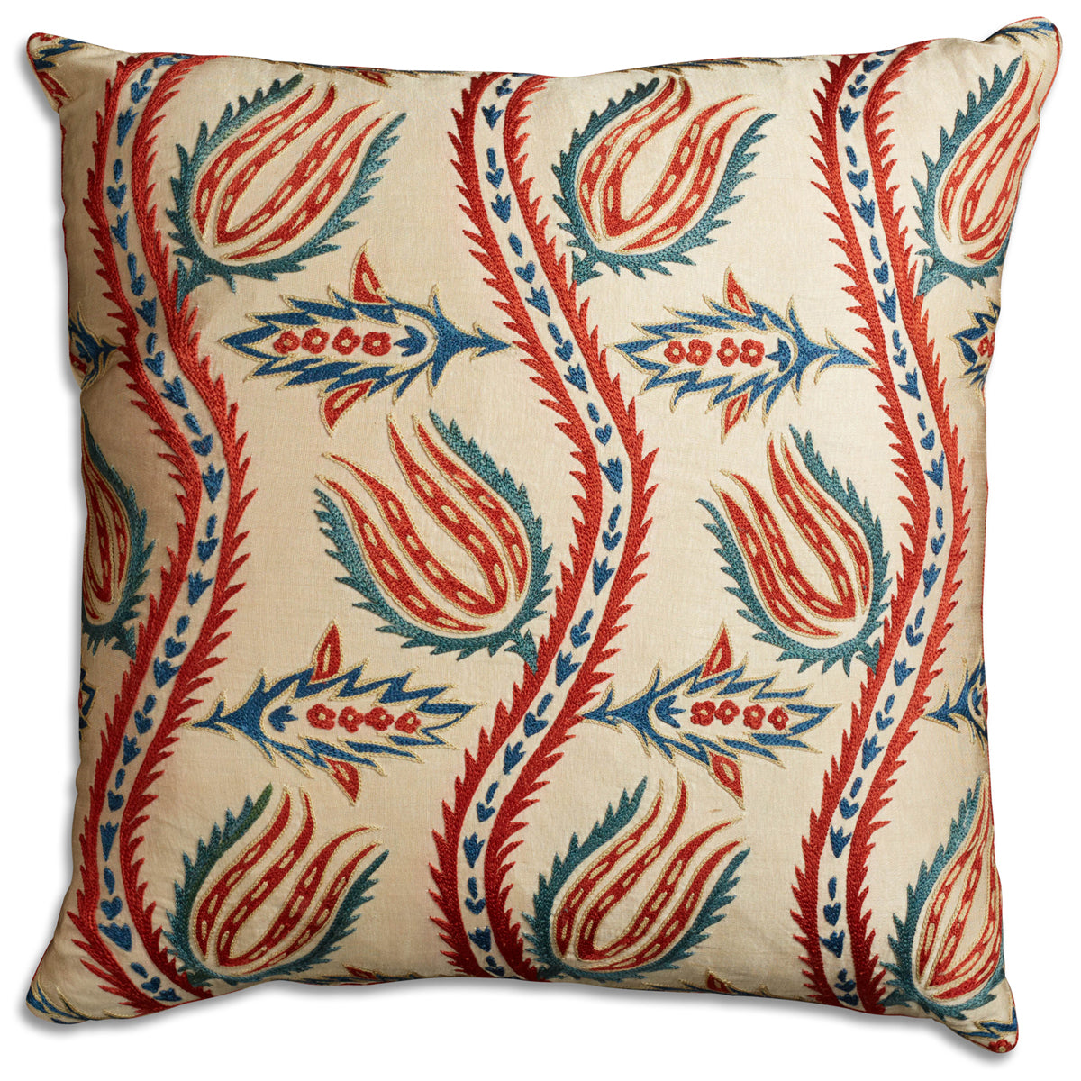 Nushka Cushions Square Pomegranate Silk Suzani Embroidered cushion on pale cream ground