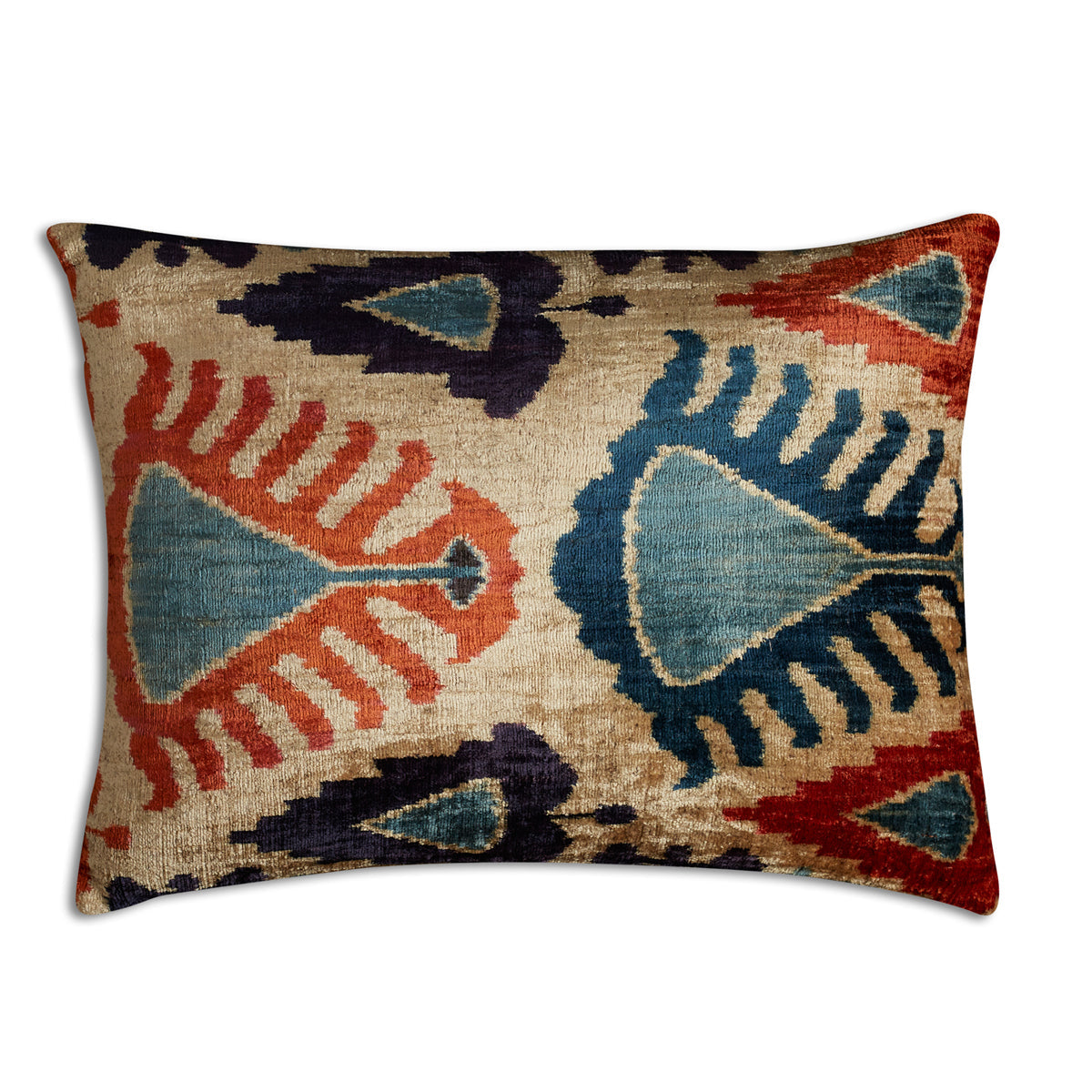 Nushka Cushions Teal and Orange Geometric Rectangular Hand-woven Silk Velvet Ikat Cushion