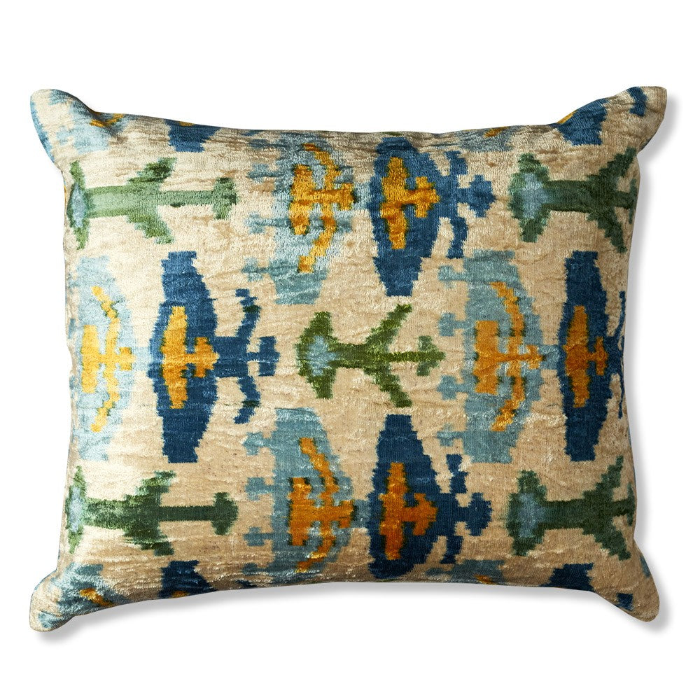 Nushka Cushions White, Blue and Green Geometric, Hand-woven Silk Velvet Ikat Cushion