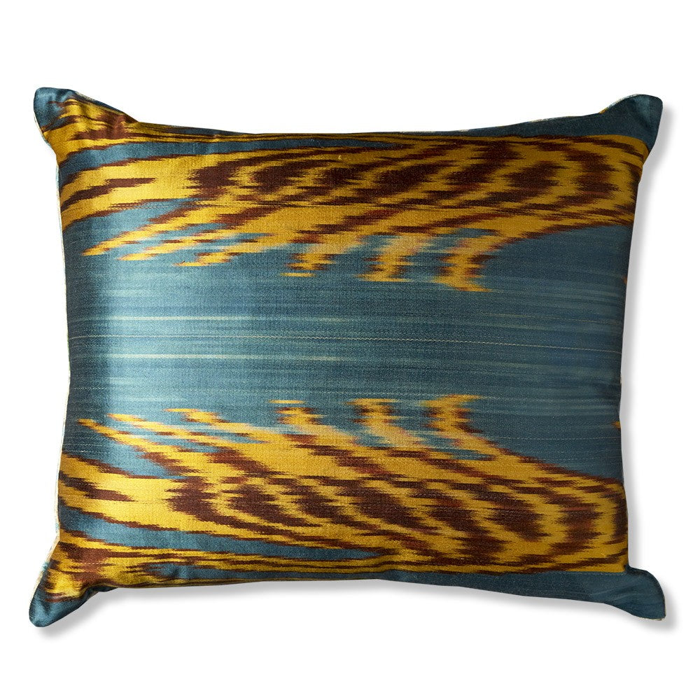 Nushka Cushions White, Blue and Green Geometric, Hand-woven Silk Velvet Ikat Cushion