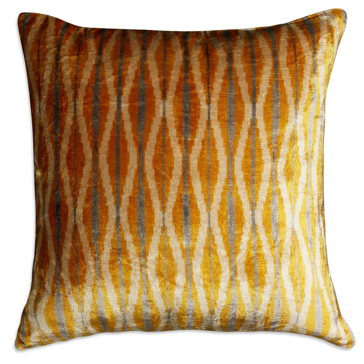 Nushka Cushions Yellow and grey wavy stripe design hand-woven silk velvet Ikat cushion