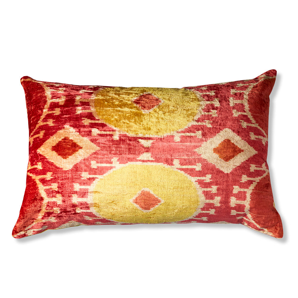 Nushka Cushions Yellow and Red Hand-woven Silk Velvet Ikat Cushion