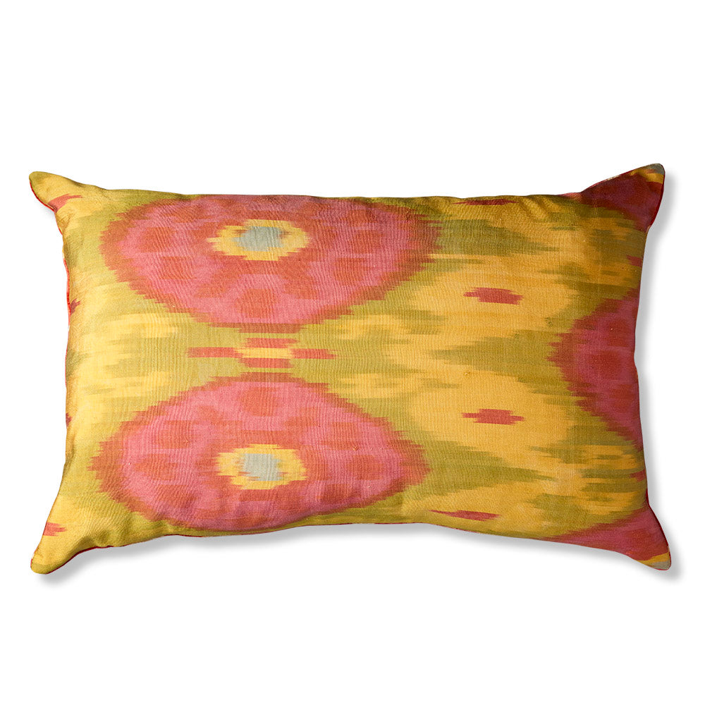 Nushka Cushions Yellow and Red Hand-woven Silk Velvet Ikat Cushion