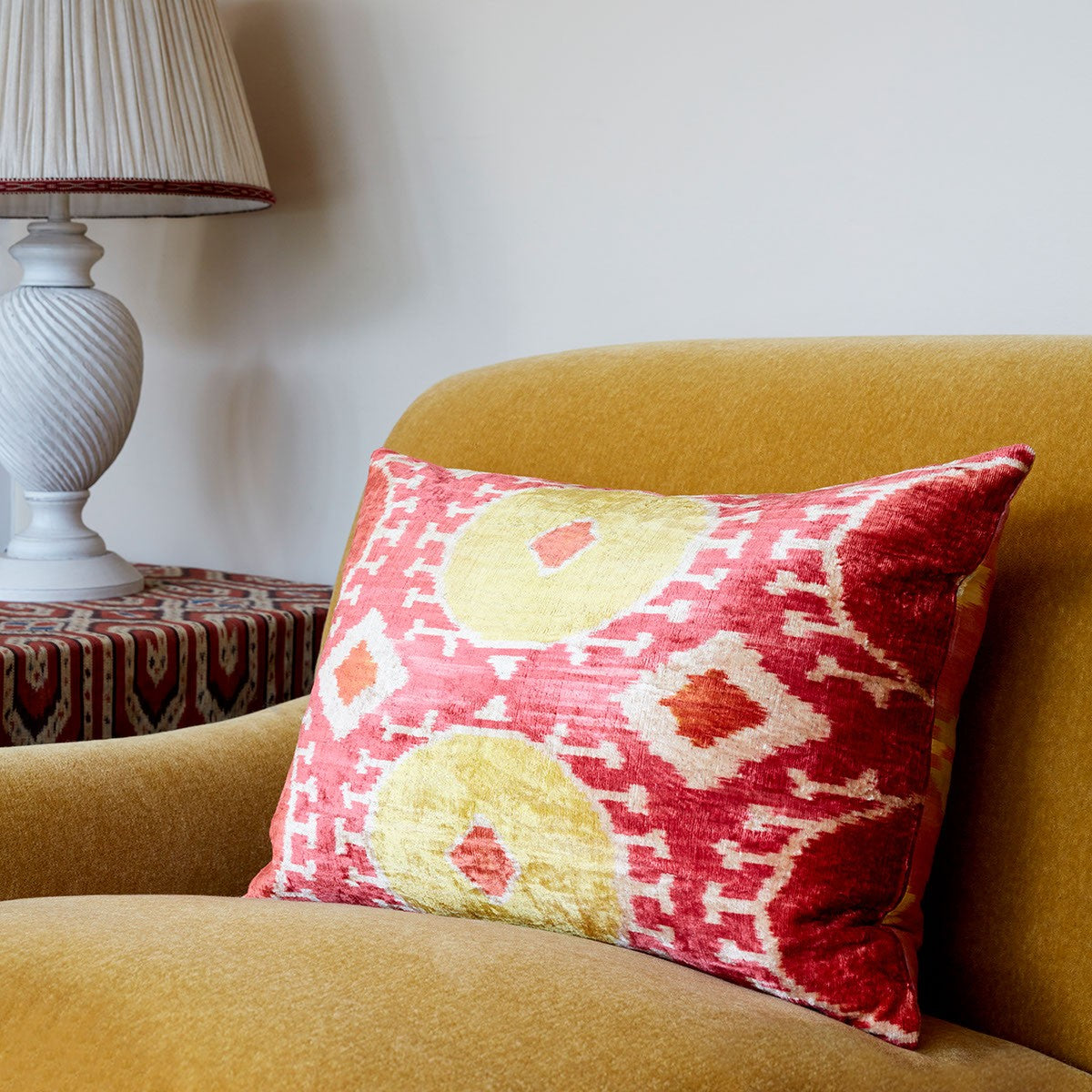 Nushka Cushions Yellow and Red Hand-woven Silk Velvet Ikat Cushion