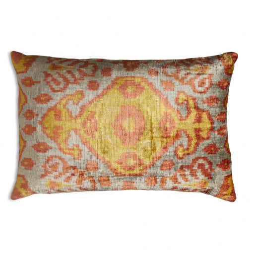 Nushka Cushions Yellow, Silver and Bronze Hand-woven Silk Velvet Ikat Cushion