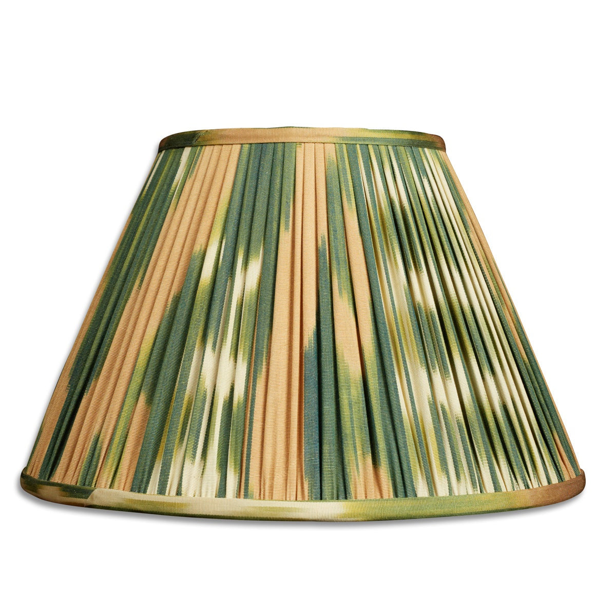 Nushka Lampshades 12 inch - 30cm French drum green and caramel cotton and silk ikat lampshade