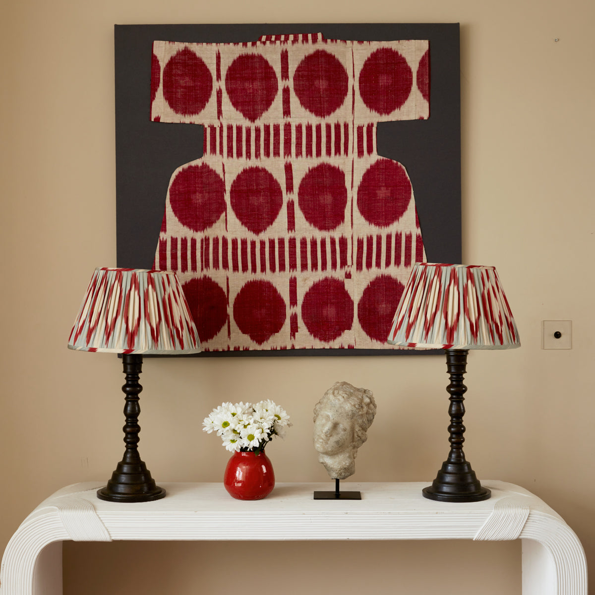 14 inch (36cm) Aerial blue and red French drum silk and cotton ikat lampshade