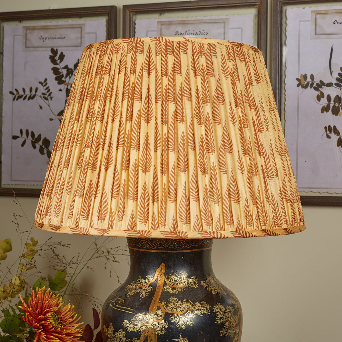 Nushka Lampshades 18 Inch - 46cm Caramel and brown leaf design silk sari lampshade