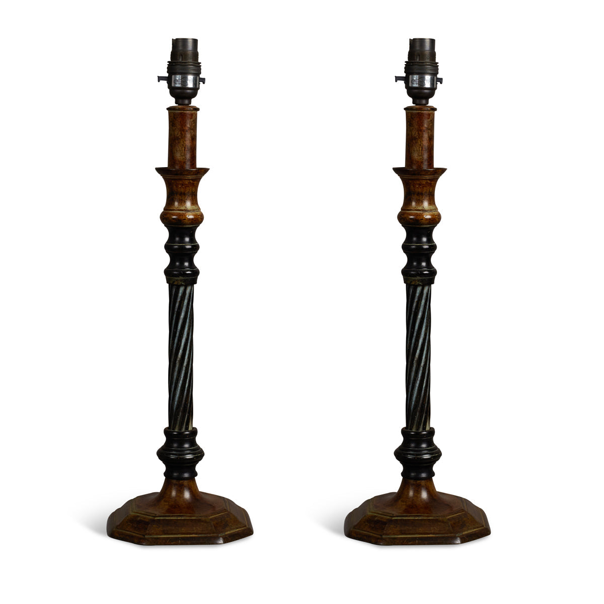 Nushka Lighting A pair of 20th Century burr oak and ebonised twisted column lamps