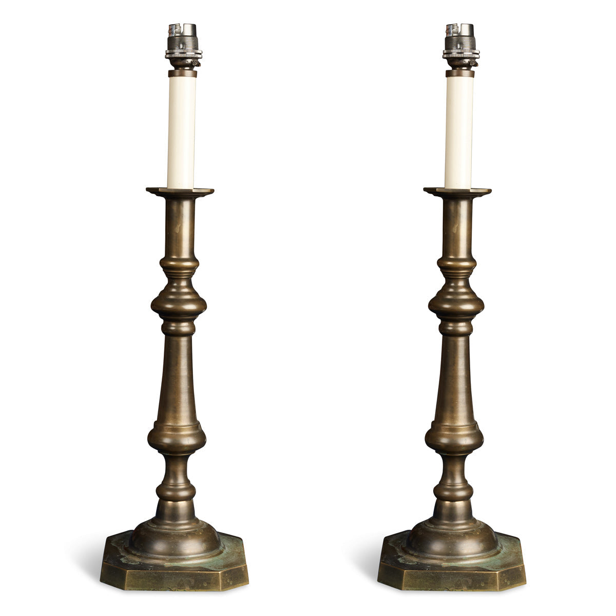 Nushka Lighting Pair of early 20th century tarnished brass table lamps