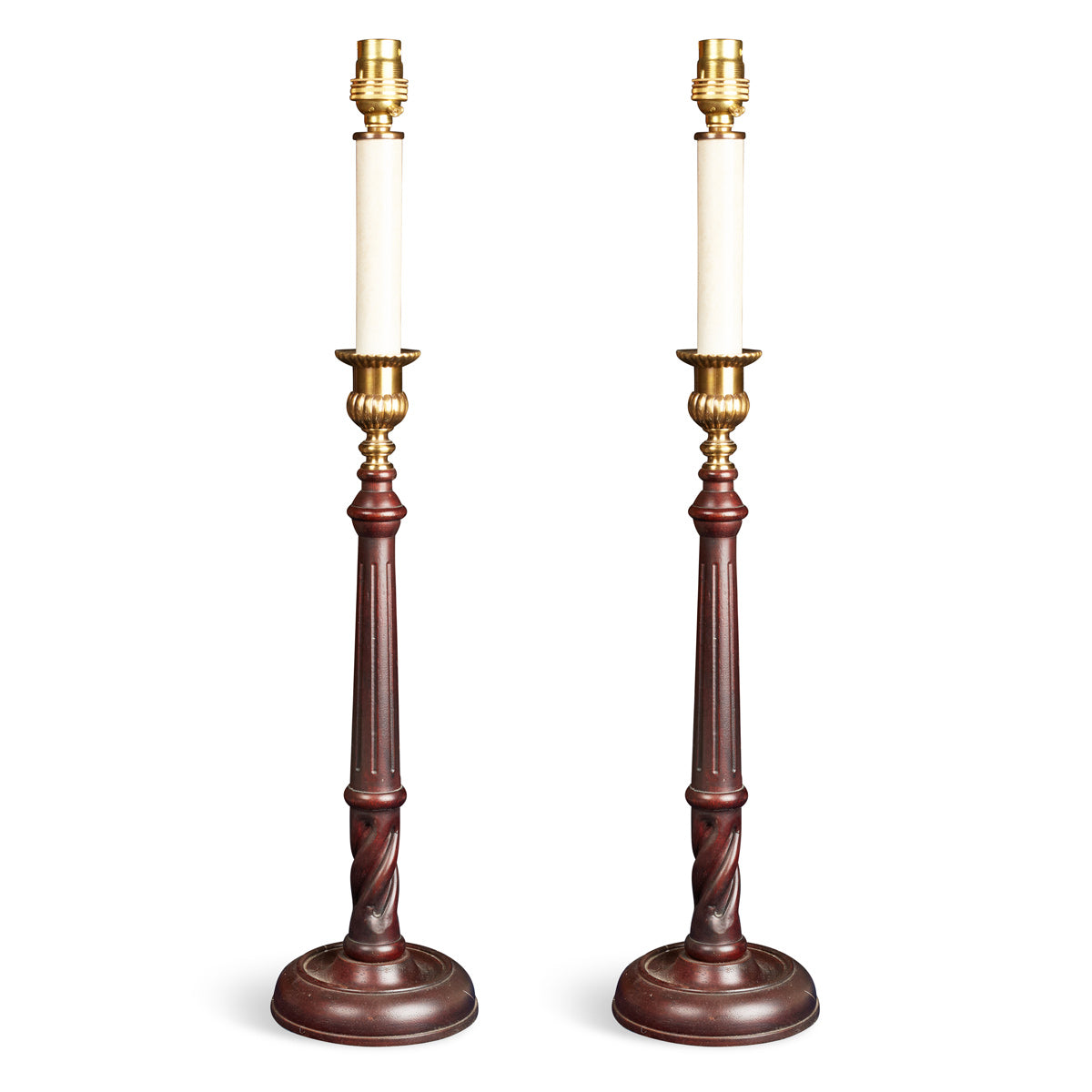 Nushka Lighting Pair of twisted Georgian style hardwood and brass candlestick lamps