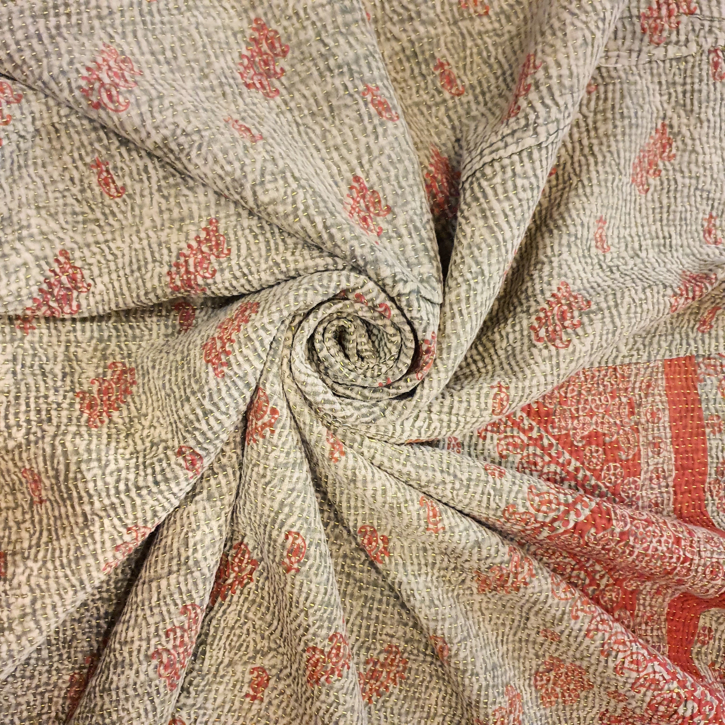 Nushka Textiles Red and Pale Green Hand-Stitched Kantha Throw