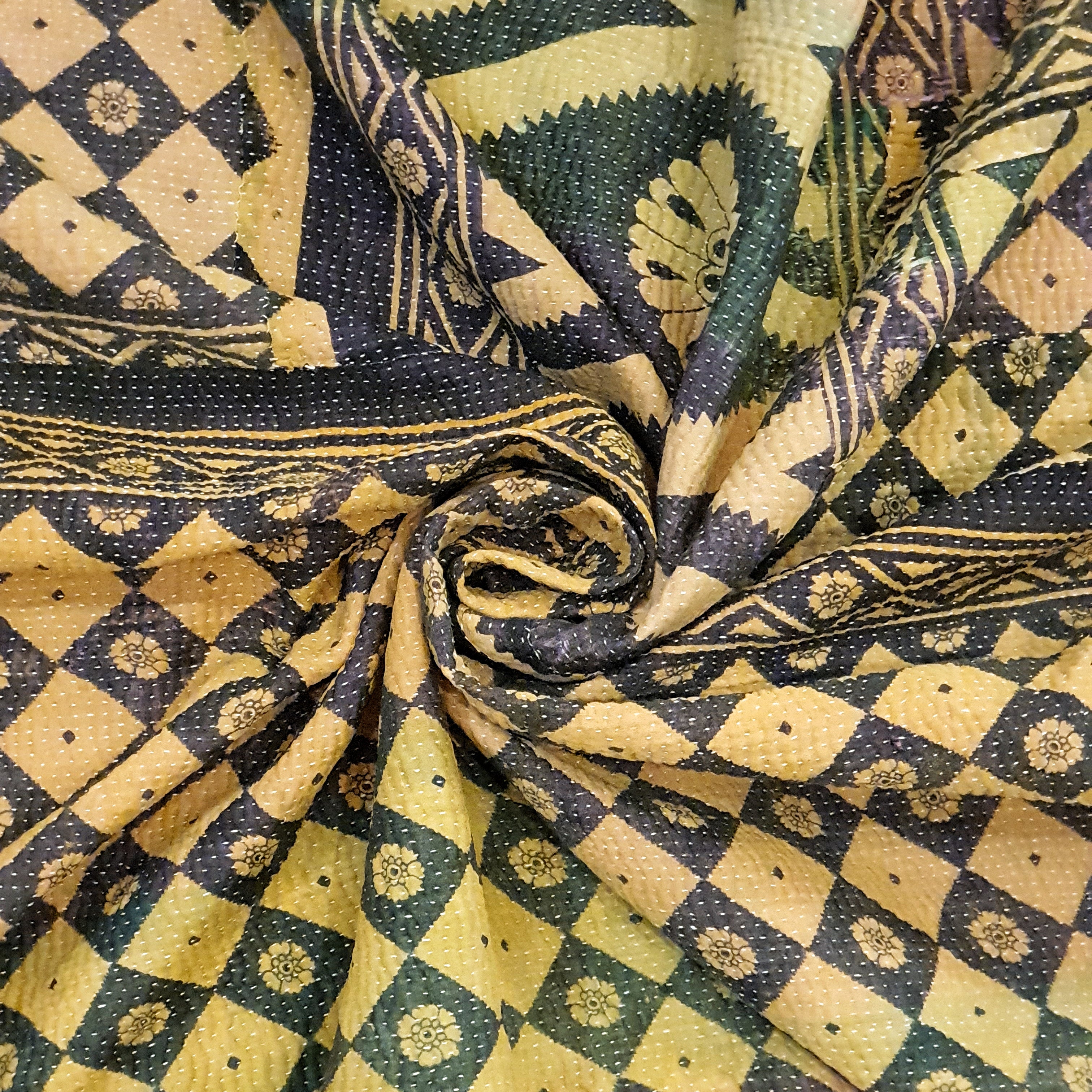 Nushka Textiles Yellow and Black Hand-Stitched Kantha Throw